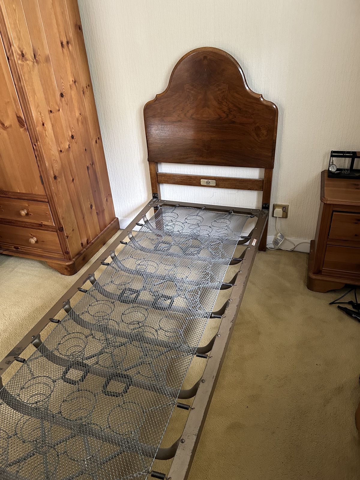 2 Staples & Co Single Beds With Steel Bases, 1 Mahogany. 1 Yew. Very Good Condition
