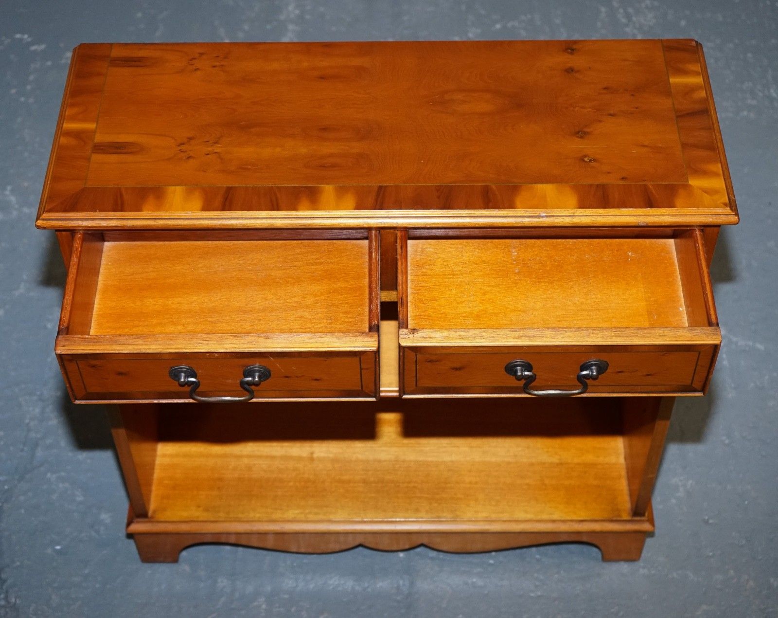 photo for sale Vintage Burr Yew Wood Open Dwarf Library Bookcase With Two Drawers & Shelf