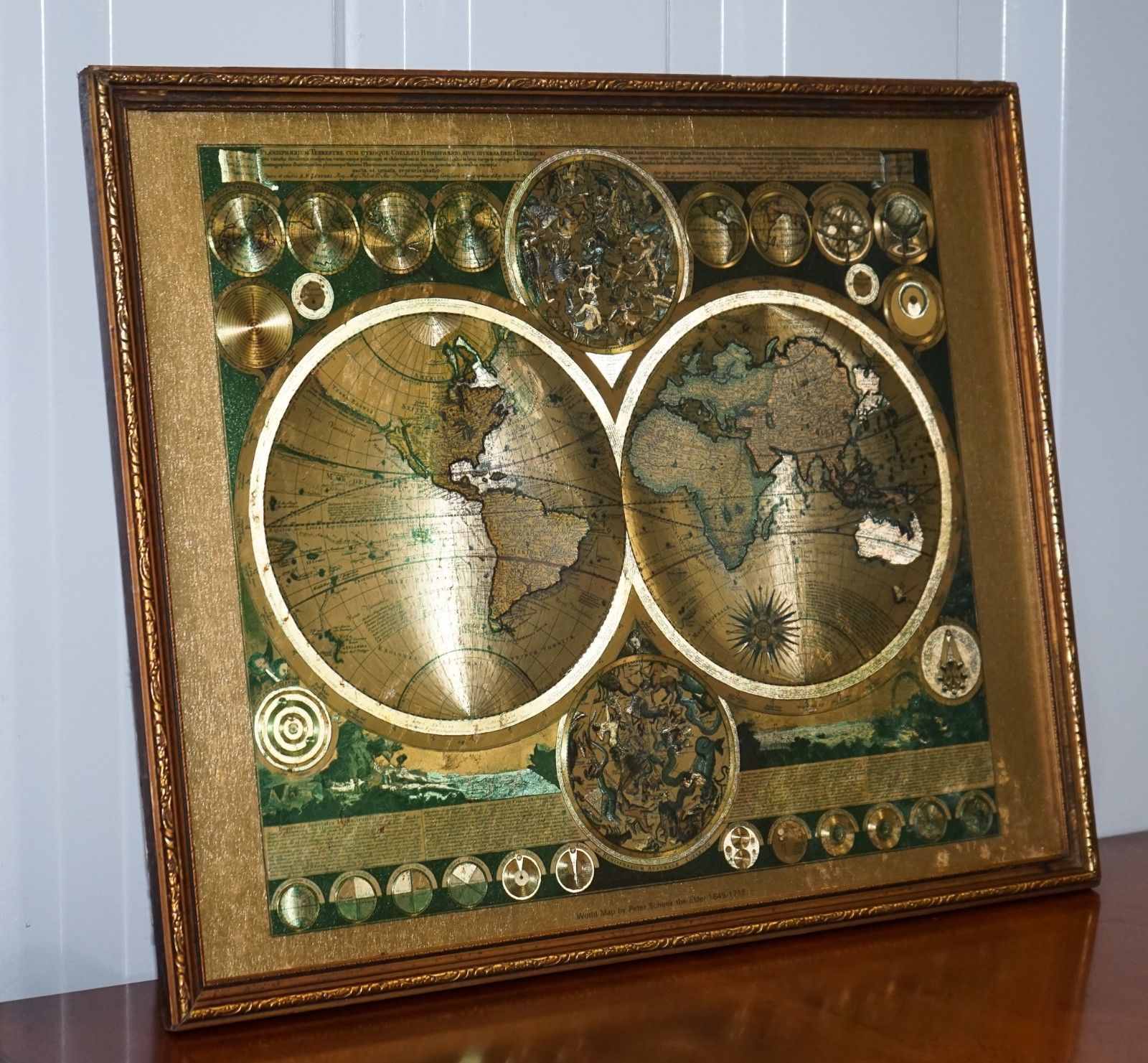 Vintage Framed Print Planisphaerium Terrestre Gold Foil Map World Peter Schenk photo for sale