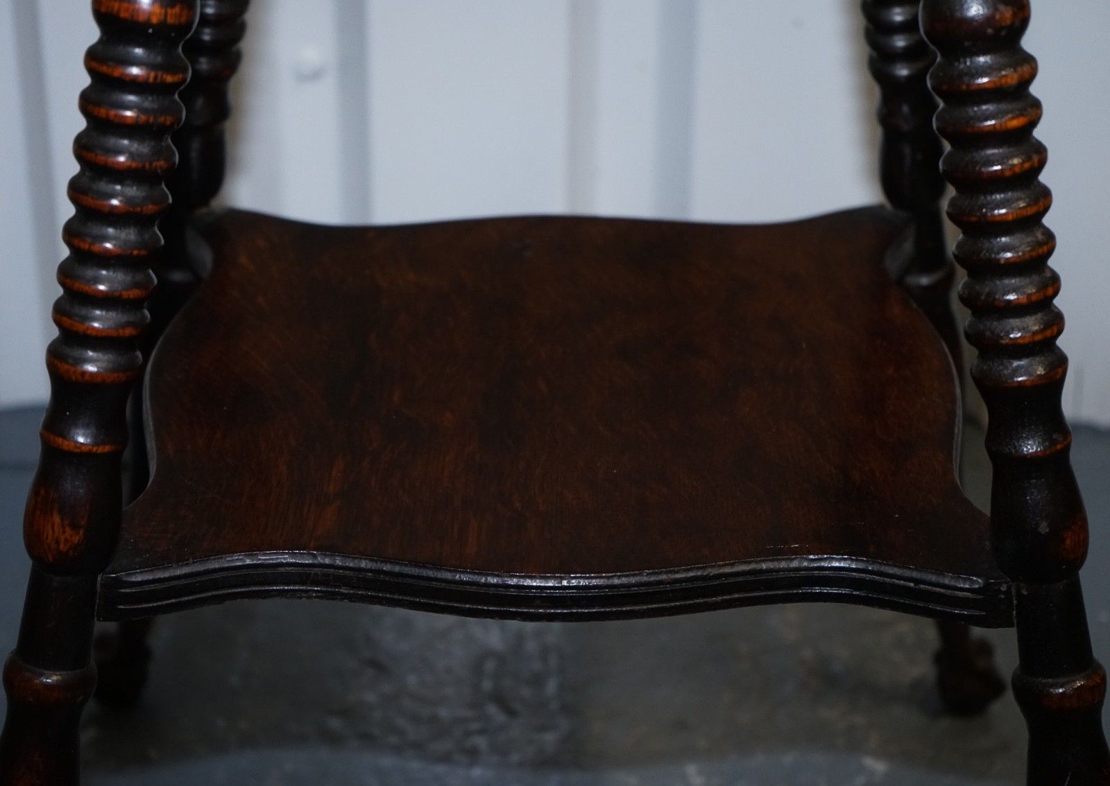 photo furniture Antique Victorian Tiger Oak Side Table Turned Bobbin Legs With Cast Iron Feet