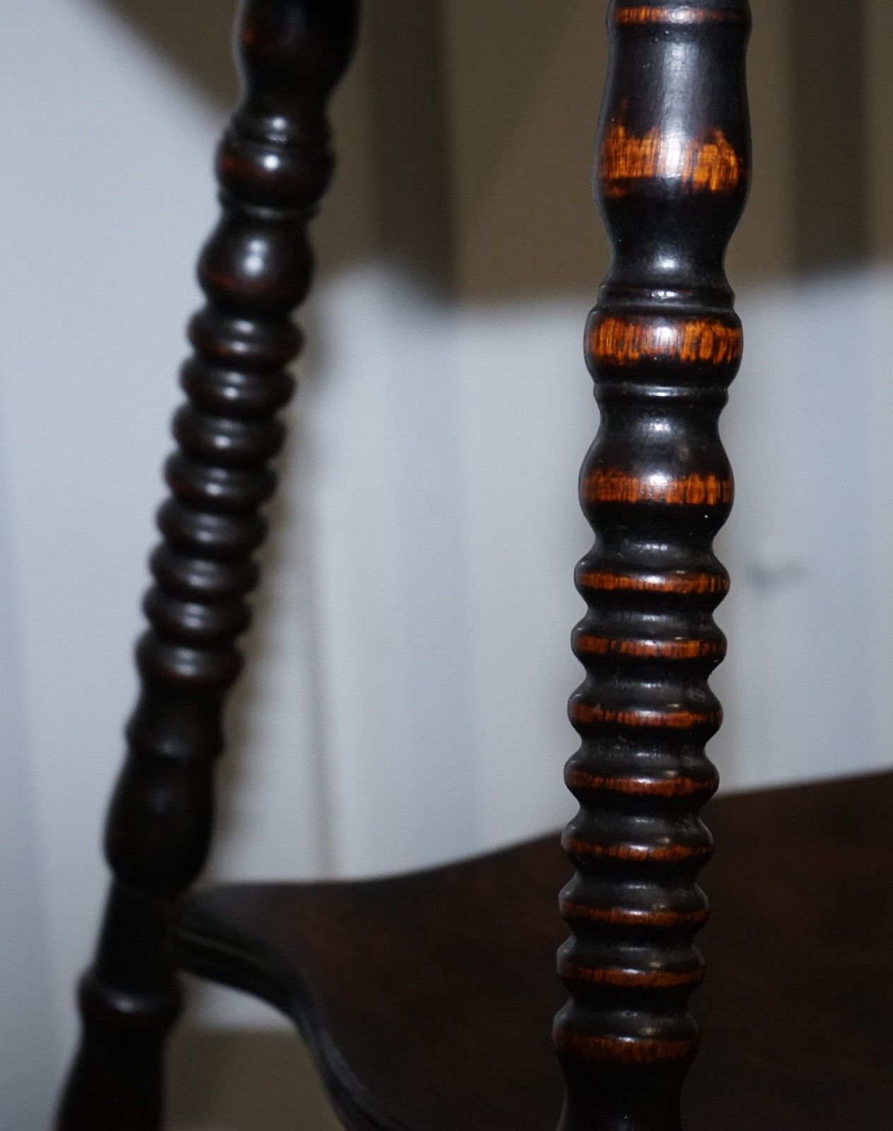 Furniture Antique Victorian Tiger Oak Side Table Turned Bobbin Legs With Cast Iron Feet photo