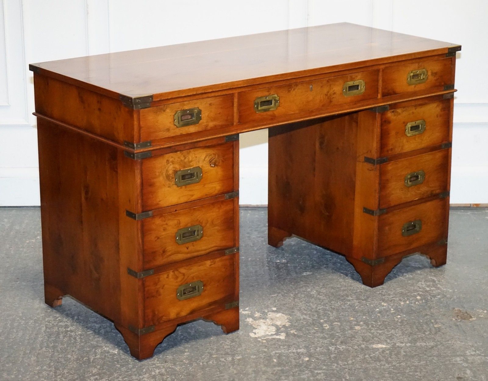 Vintage Military Campaign Yew Wood Twin Pedestal Desk photo furniture