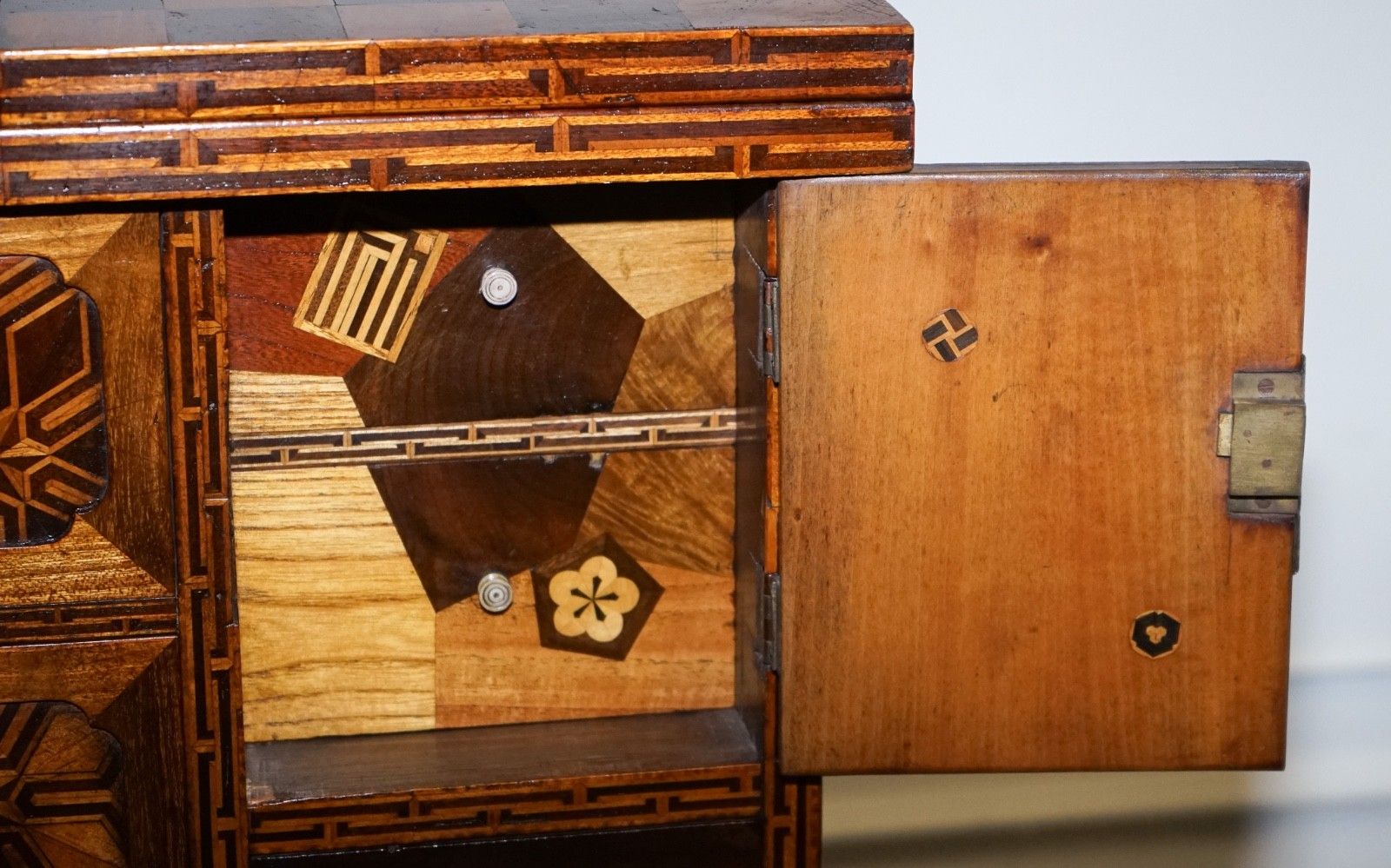 photo for sale Antique Circa 1800s Japanese Marquetry Games Table Cabinet On Stand