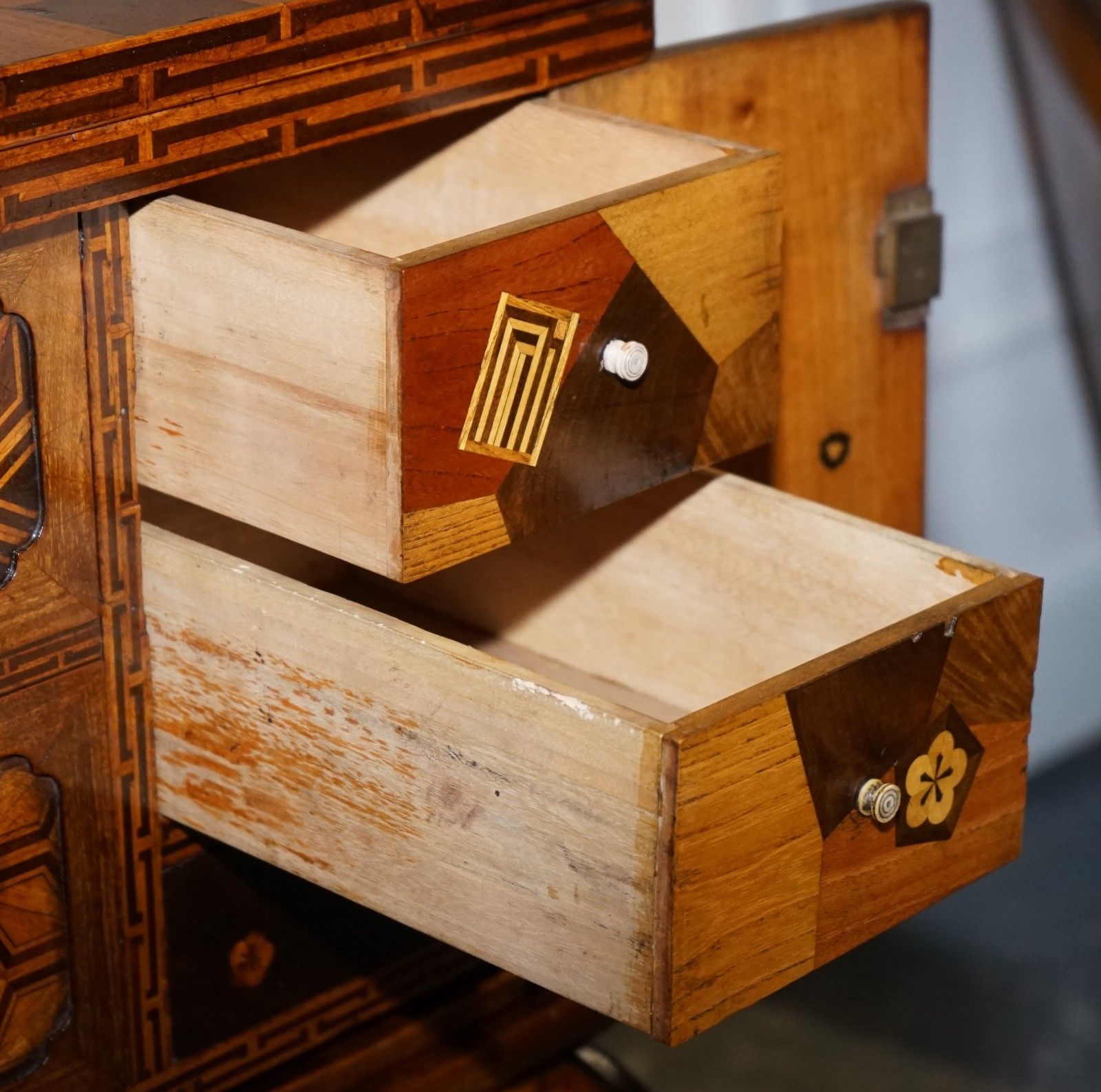 Furniture Antique Circa 1800s Japanese Marquetry Games Table Cabinet On Stand photo