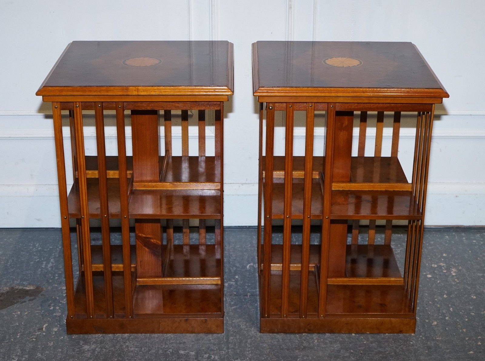 Restored Pair Of Antique Style Sheraton Revival Burr Walnut Bookcases Side Table photo for sale