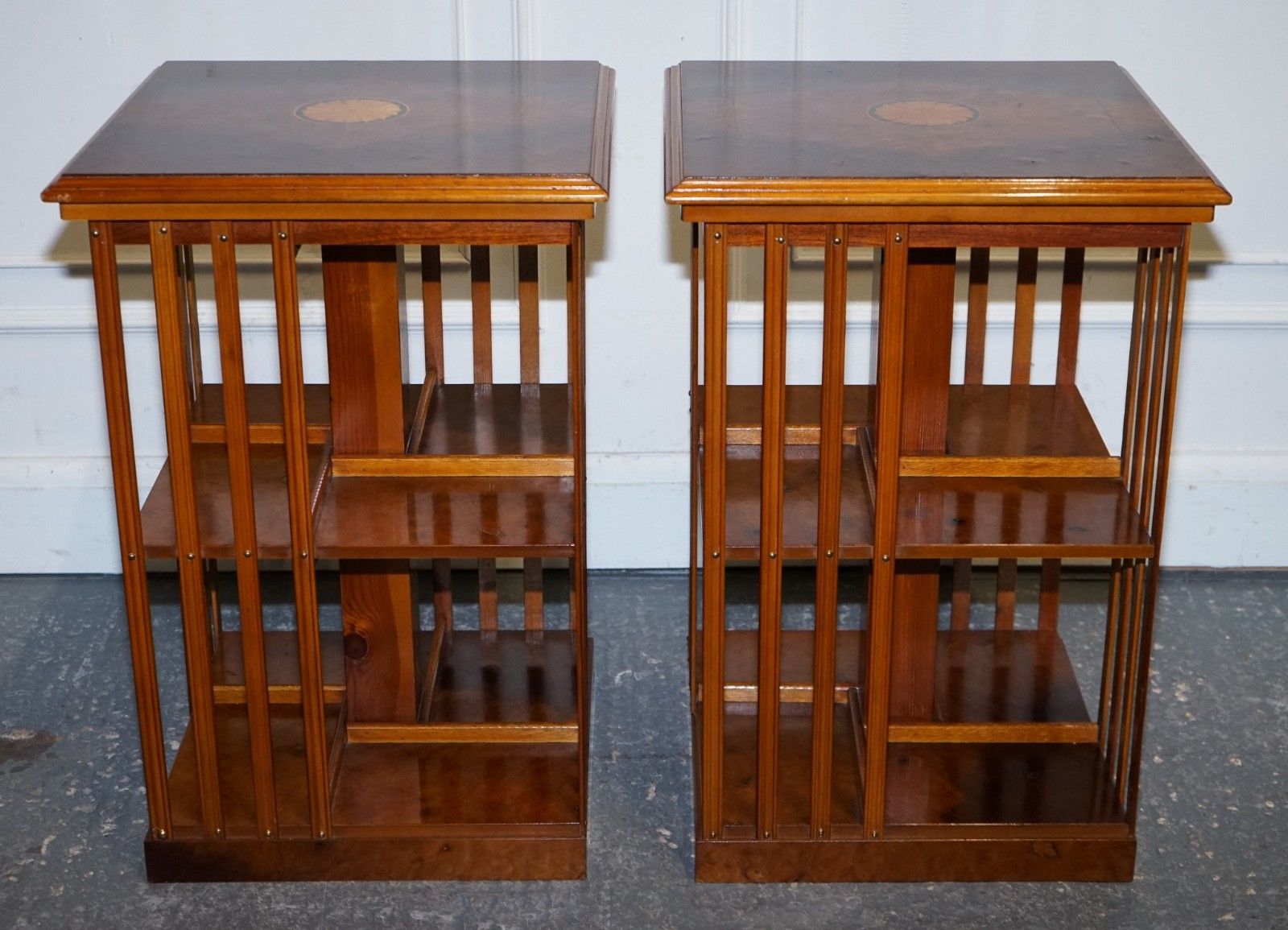 photo for sale Restored Pair Of Antique Style Sheraton Revival Burr Walnut Bookcases Side Table