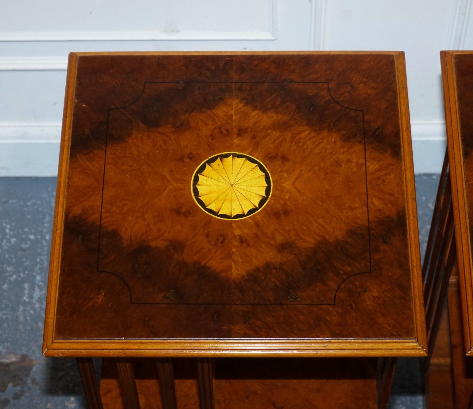 photo buy Restored Pair Of Antique Style Sheraton Revival Burr Walnut Bookcases Side Table