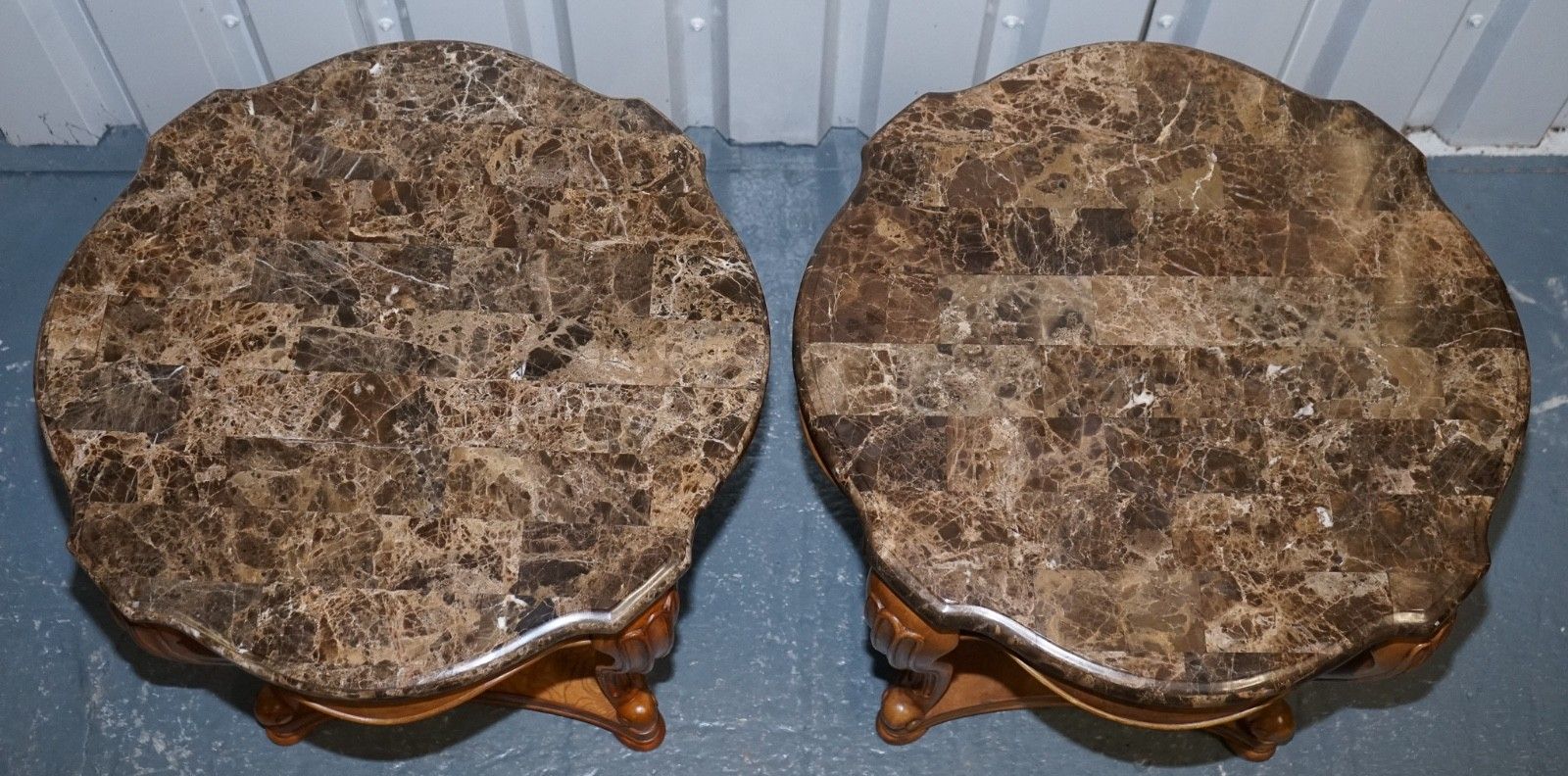 photo for sale Vintage Pair Of French Style Side Lamp Tables With Faux Marble Tops