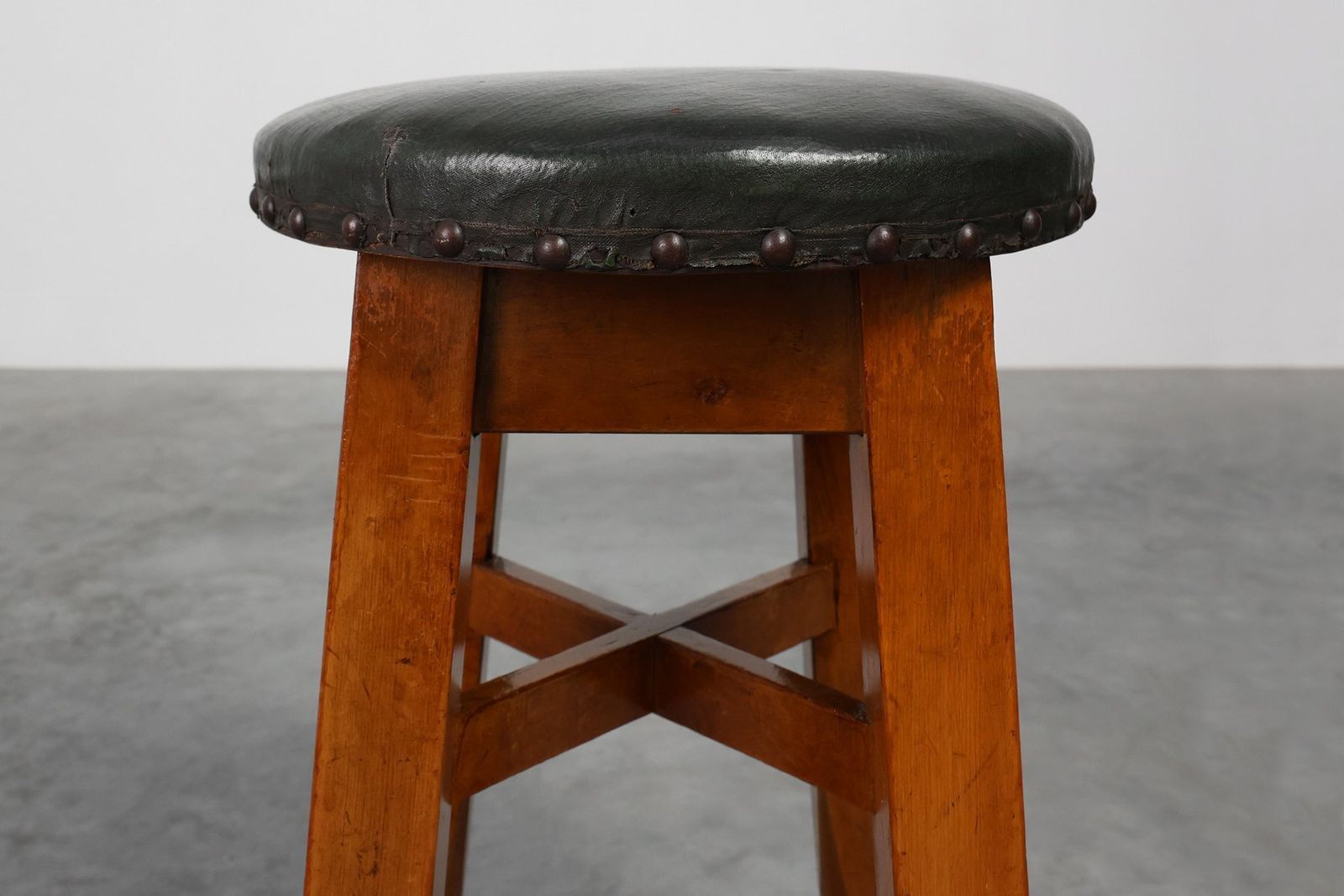 Early Art Deco Arts & Crafts Oak & Leather Stool, France, 1920s photo for sale