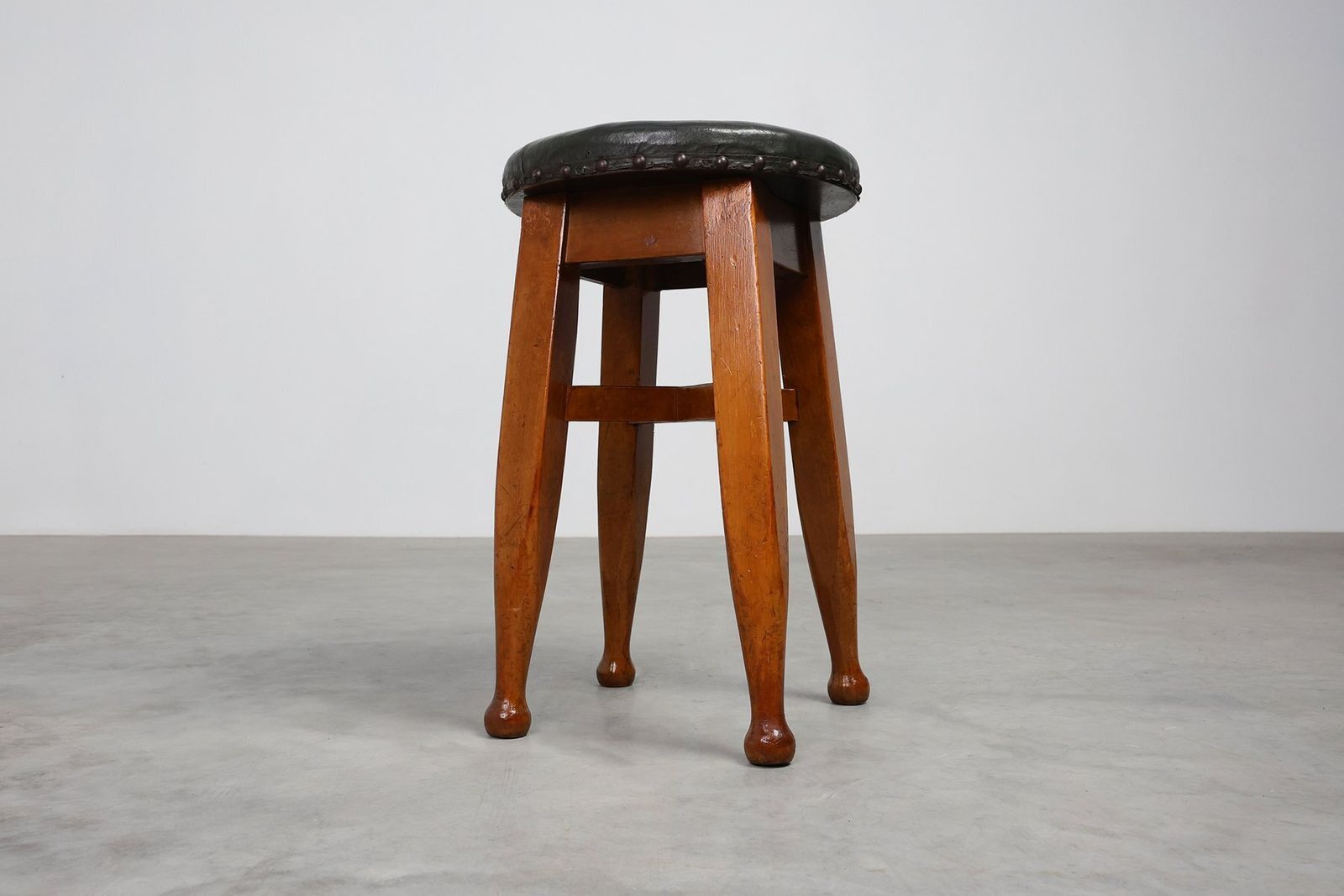 Early Art Deco Arts & Crafts Oak & Leather Stool, France, 1920s photo vintage