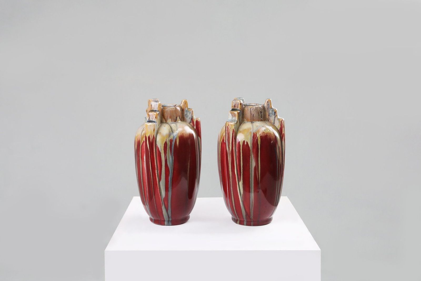 Art Deco Sculptural Glazed Ceramic Vases, Belgium, 1930s, Set Of 2 photo for sale