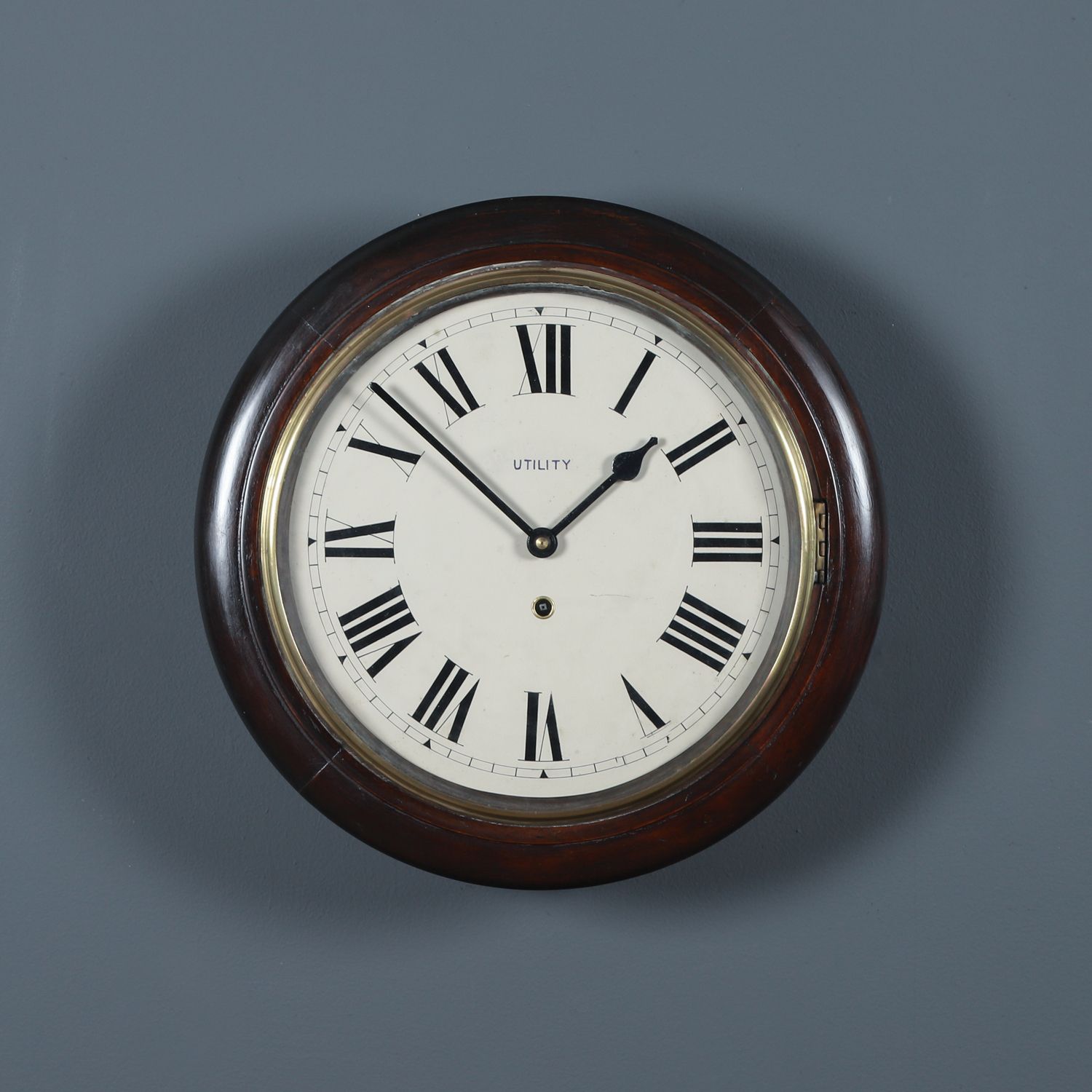 Antique 15½" Mahogany Utility Railway Station / School Round Dial Wall Clock (Timepiece)