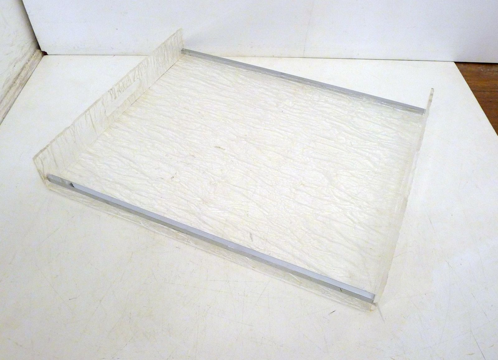 Large Vintage Serving Tray In Frosted Acrylic Glass With Chrome Trim, 1970s photo furniture