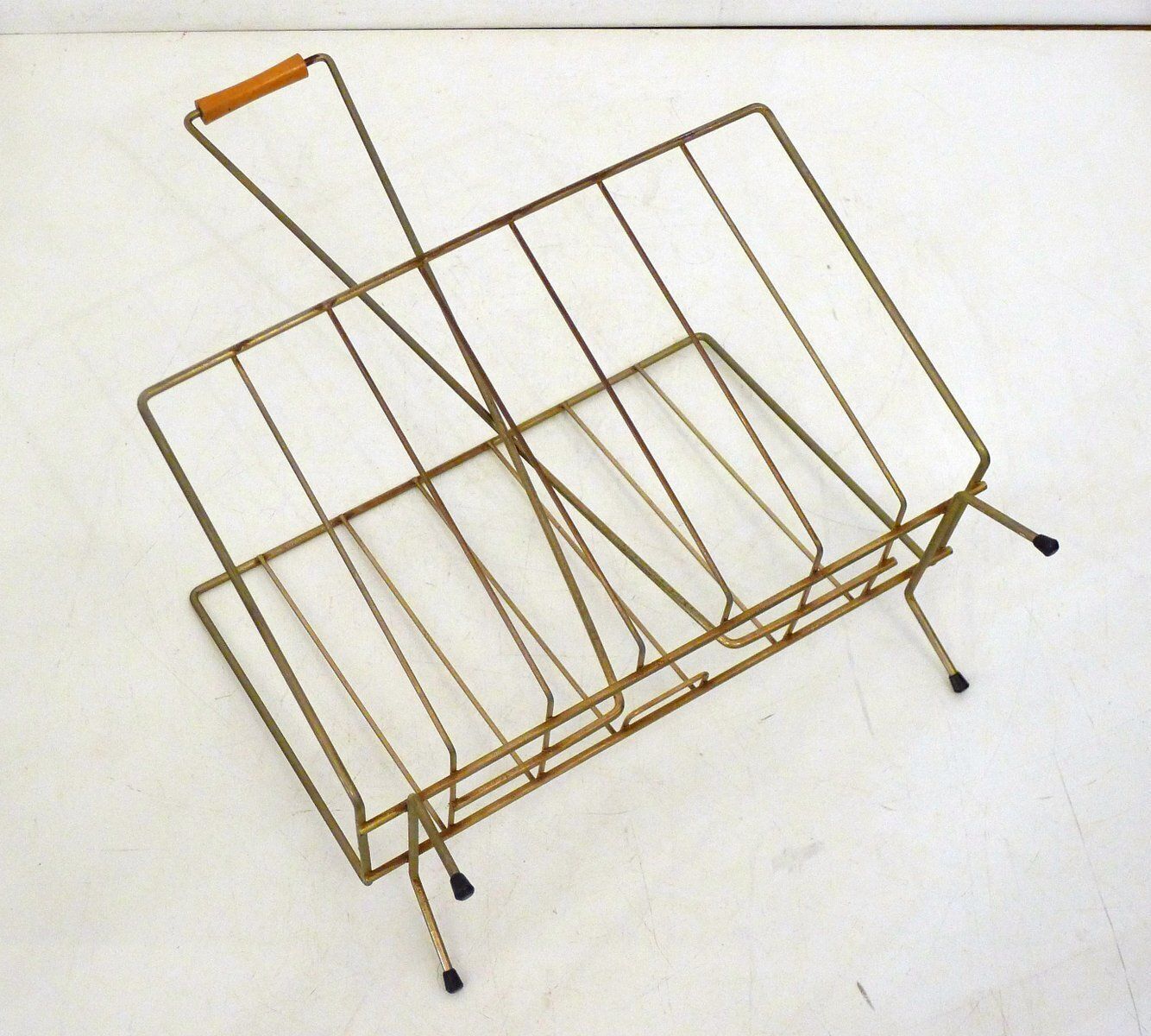Mid Century Modern Magazine Rack In Gilt Metal And Wooden Handle, 1950s photo 90.0