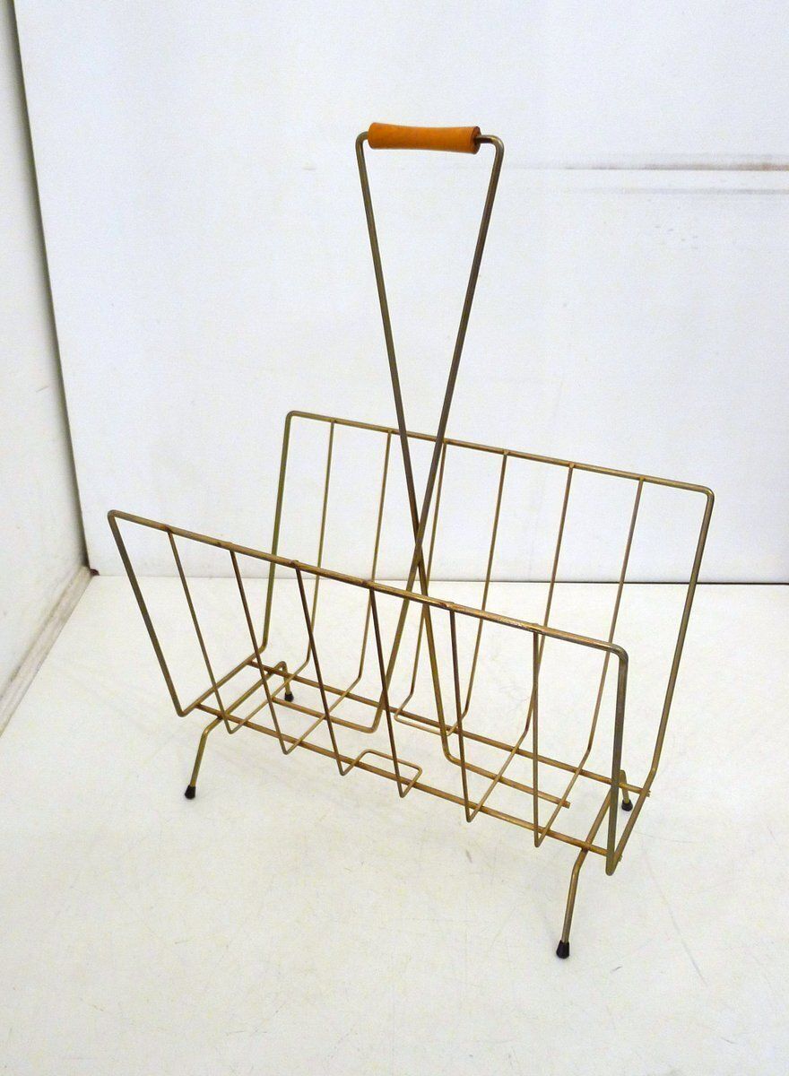 Mid Century Modern Magazine Rack In Gilt Metal And Wooden Handle, 1950s photo vinterior