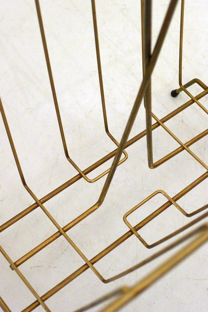 photo furniture Mid Century Modern Magazine Rack In Gilt Metal And Wooden Handle, 1950s