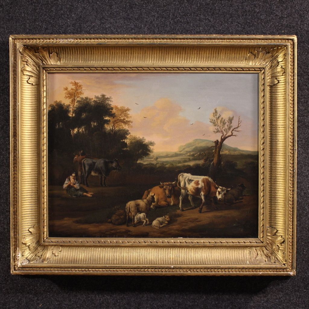 Antique Flemish Bucolic Landscape Painting From The 18th Century