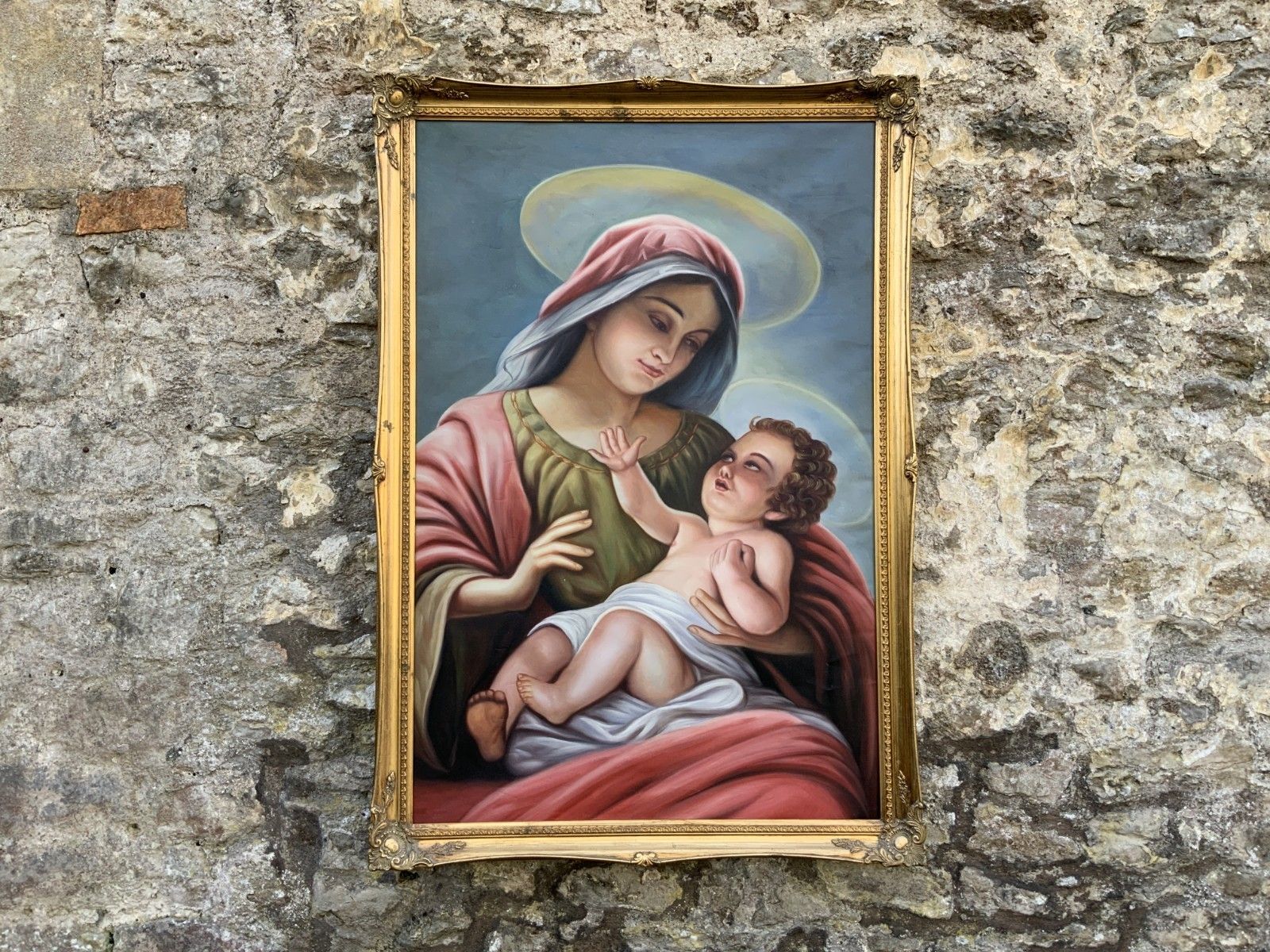 Large Portrait Painting Madonna & Christ Child Gilt Frame Vintage 20th Century photo for sale