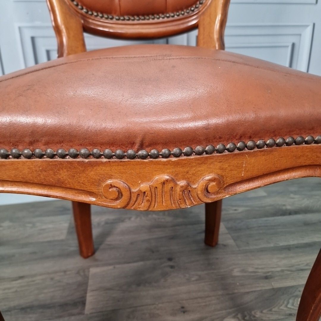 Antique Button Back Chair Wood Carved Leather Tan French Louis Bedroom photo buy