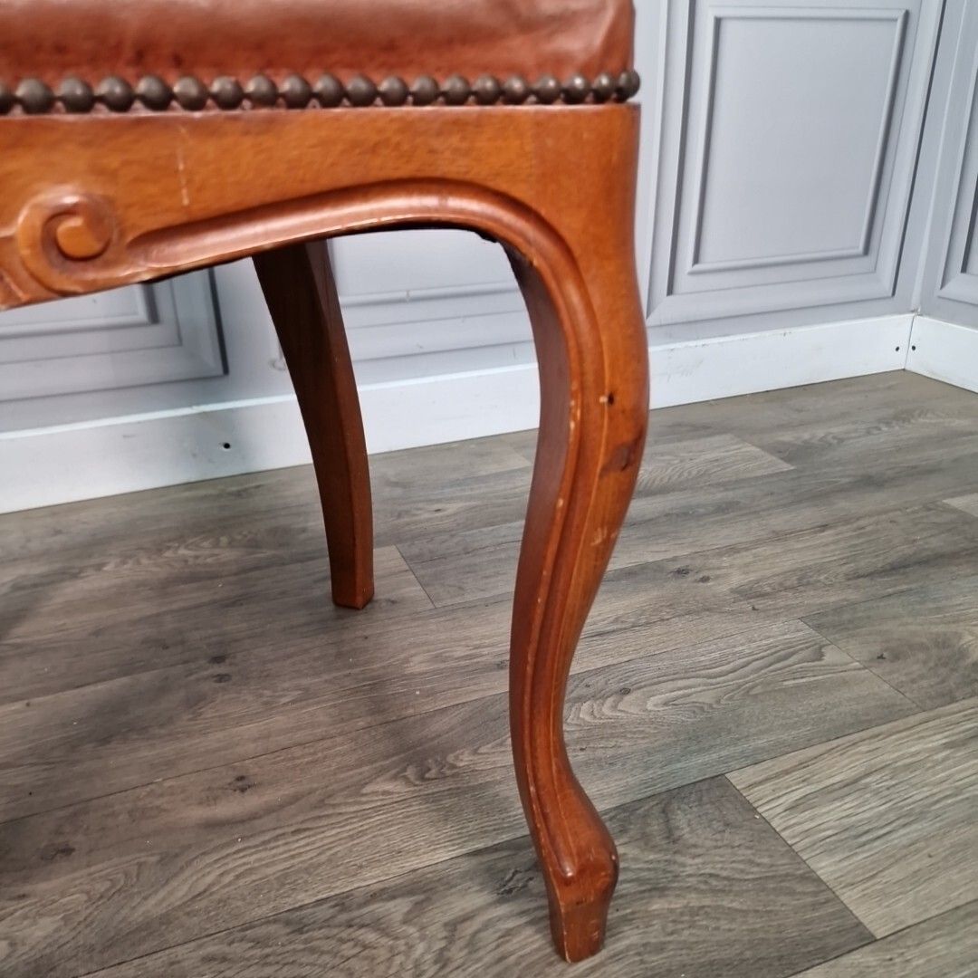Antique Button Back Chair Wood Carved Leather Tan French Louis Bedroom photo vintage