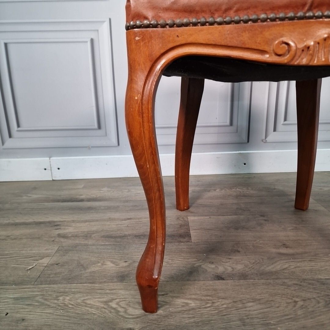 photo furniture Antique Button Back Chair Wood Carved Leather Tan French Louis Bedroom