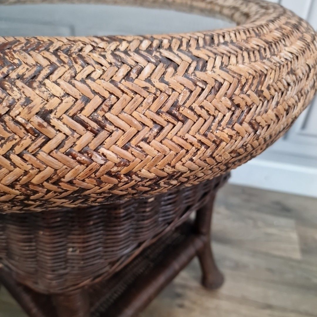 photo buy Retro Coffee Side Table Vintage Rattan Wicker Round Glass Top Boho Shelf