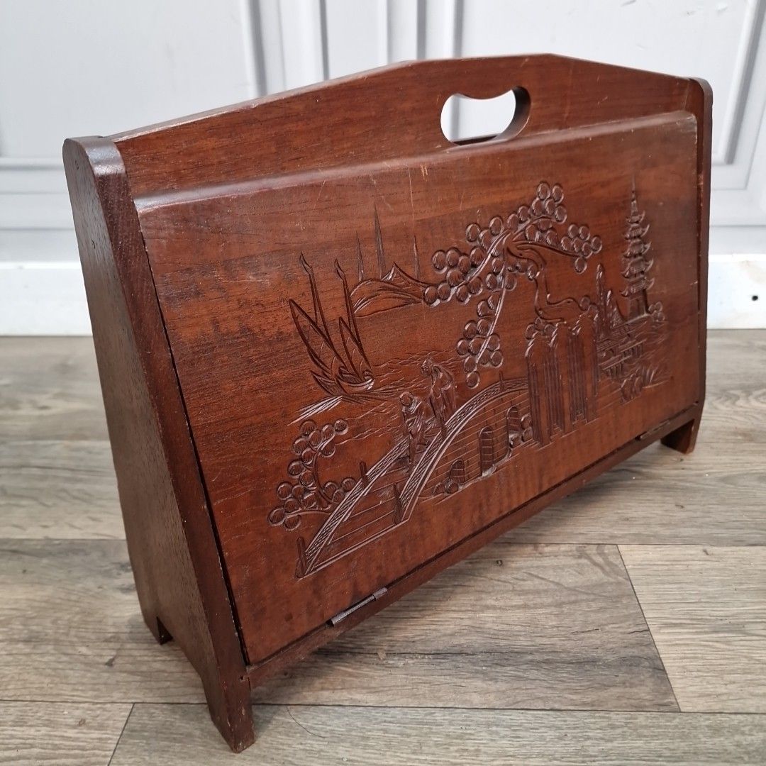 Vintage Magazine Letter Rack Oriental Carved Pagoda Scene Storage Teak Retro photo furniture