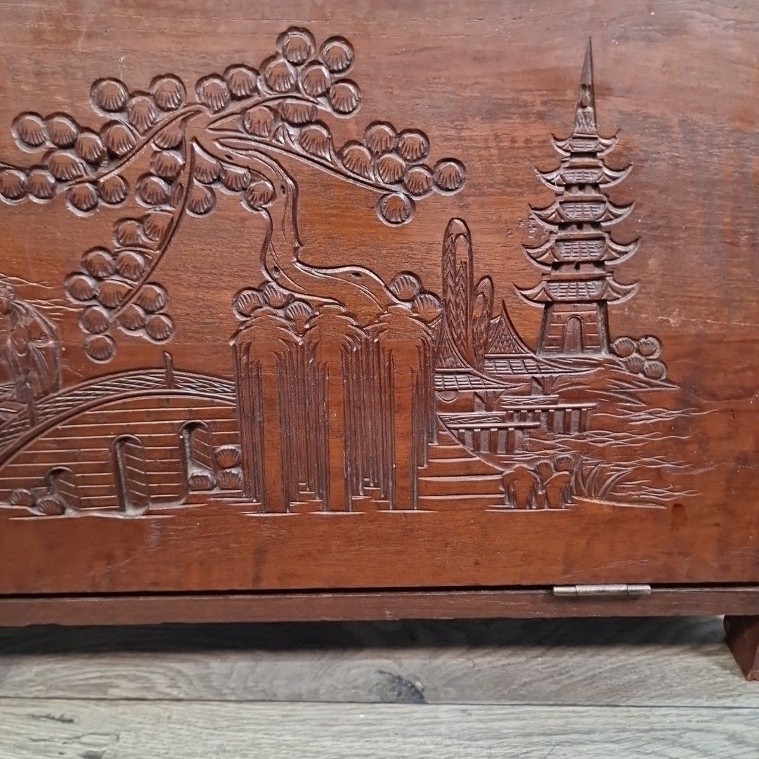 photo for sale Vintage Magazine Letter Rack Oriental Carved Pagoda Scene Storage Teak Retro