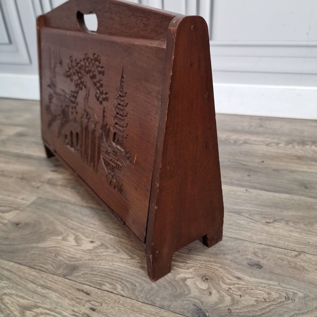 photo vintage Vintage Magazine Letter Rack Oriental Carved Pagoda Scene Storage Teak Retro