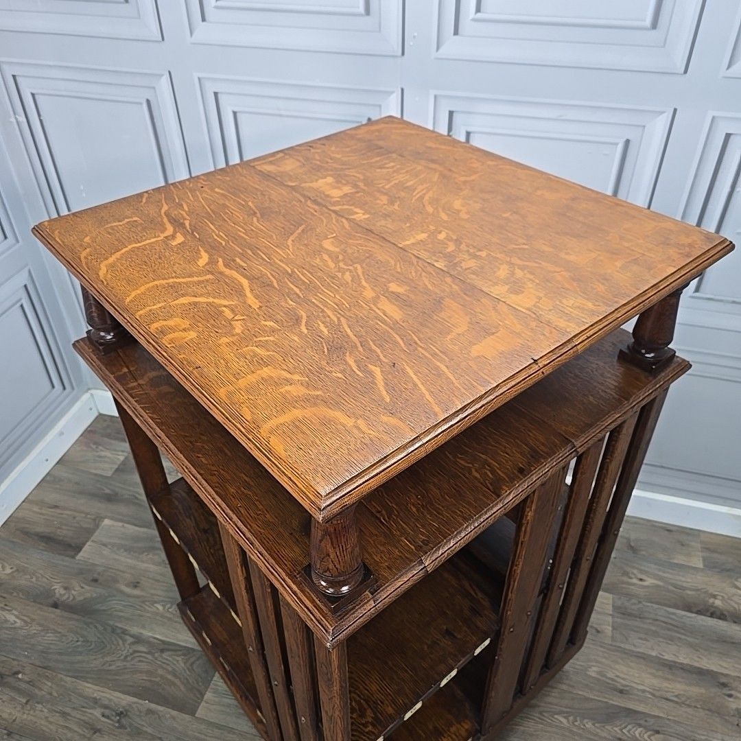 photo furniture Antique Oak Revolving Bookcase – Large Library Shelf Table Victorian Solid Wood