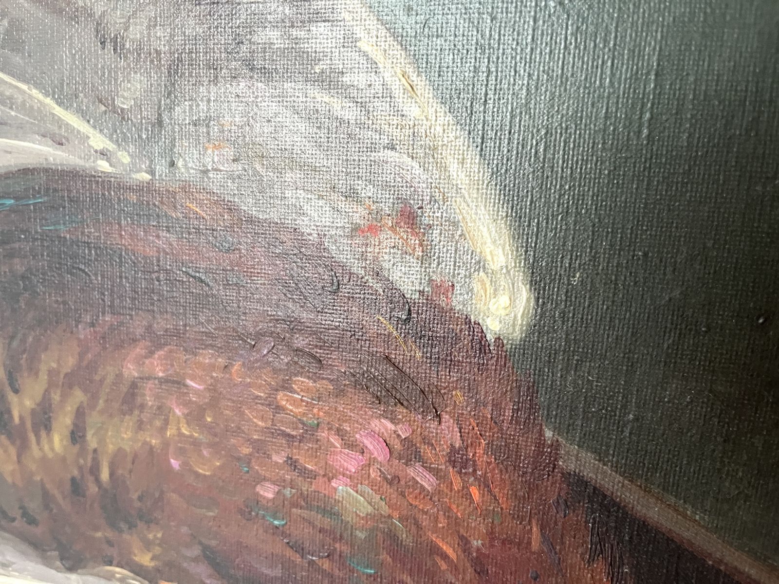 photo buy French Antique Still Life Oil On Canvas "The Trophy Hunting", Original 1920s Pheasant Painting