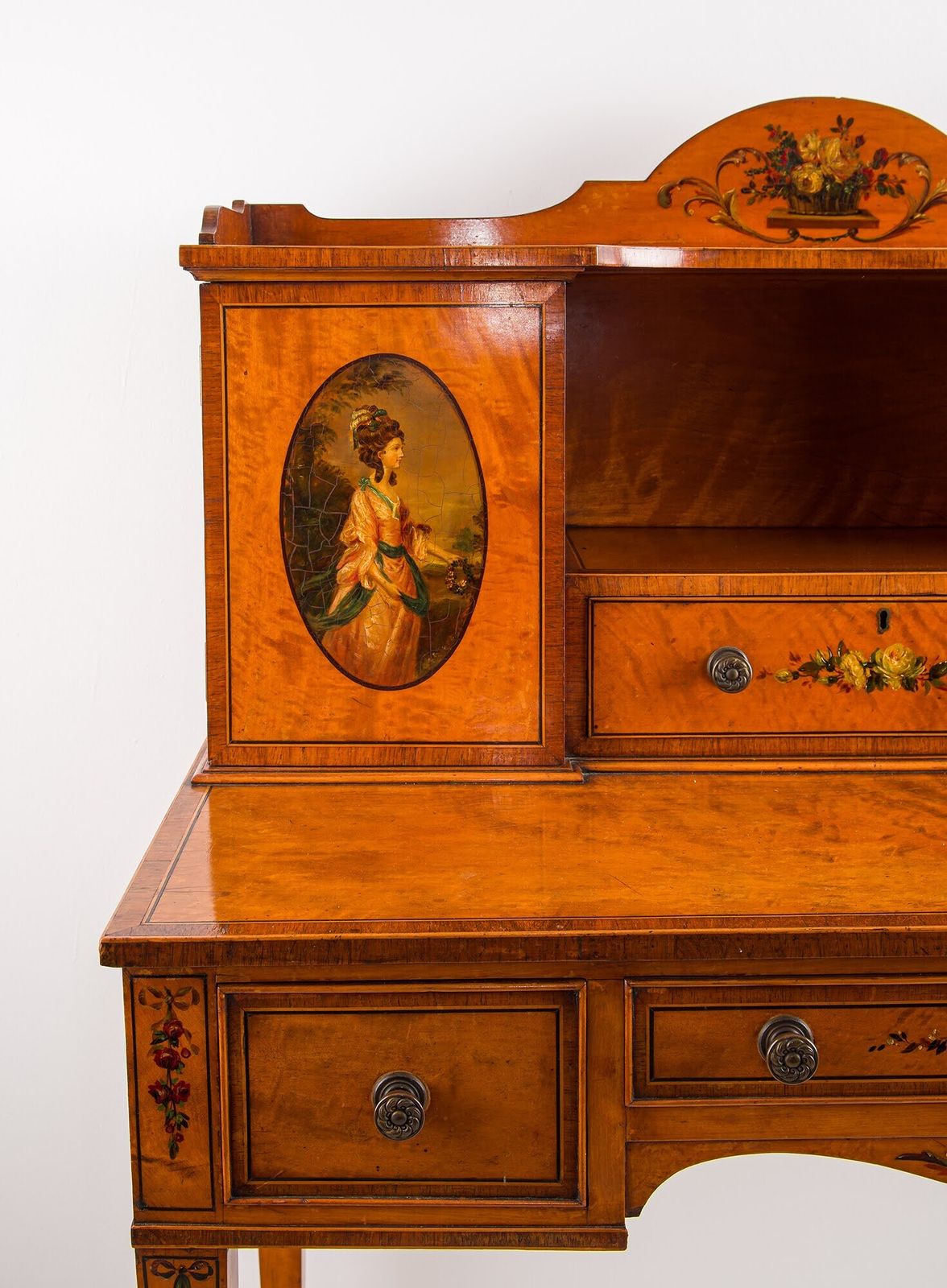 Edwardian Satinwood Bonheur Du Jour, Hand Painted Portrait Panels, Writing Desk C.1900 photo vinterior