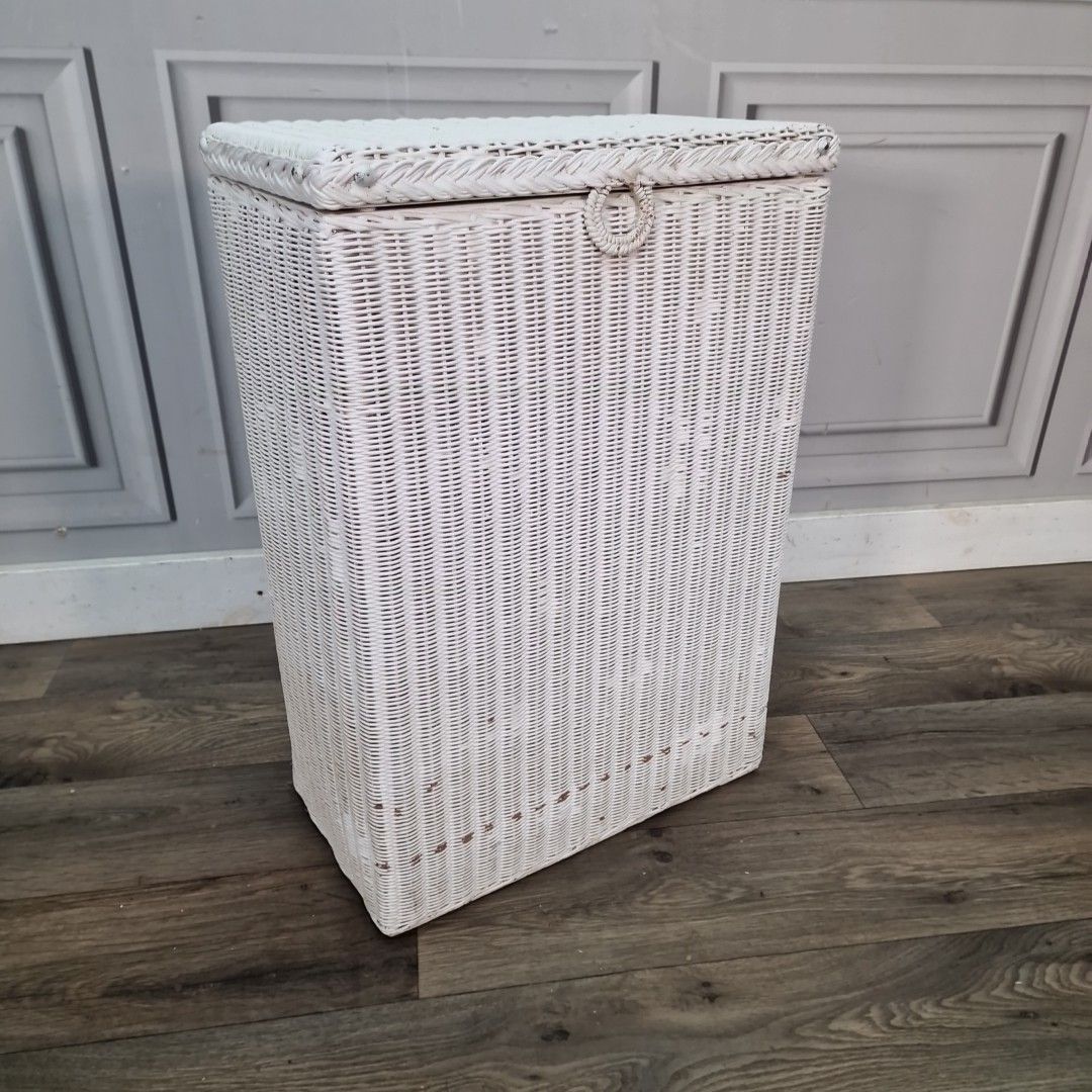Vintage Loom Laundry Basket White Wicker Style Ottoman Bedroom Storage Retro Mcm photo furniture