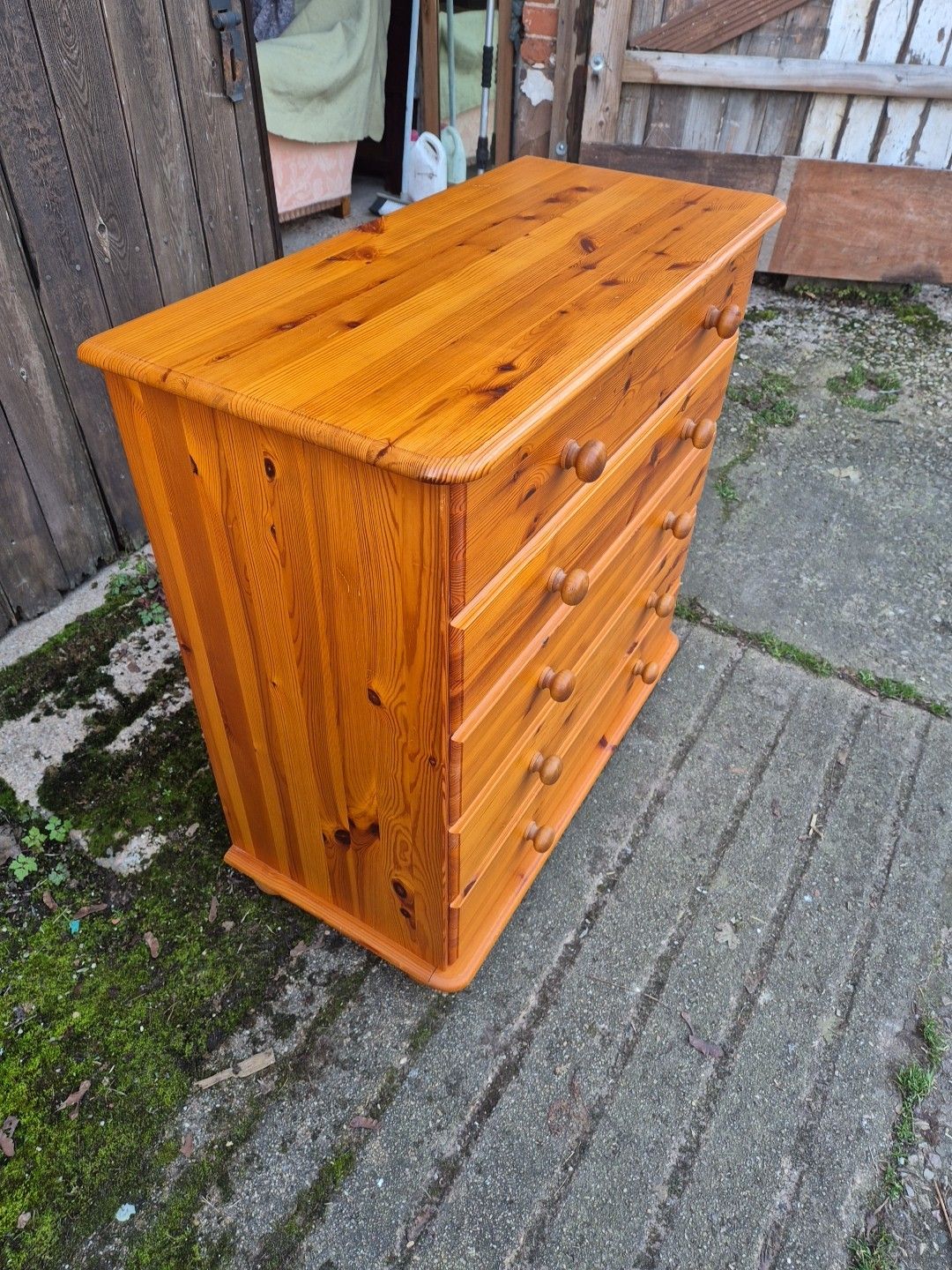 Modern 5 Drawer Honey Pine Chest Of Drawers On Bun Feet photo for sale