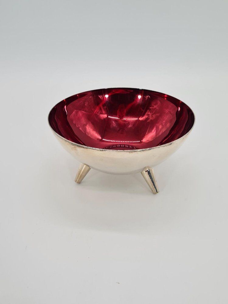 photo for sale Swedish Decorative Bowl In Silver Plated Metal And Red Glass From Salvi Plet, 1960s