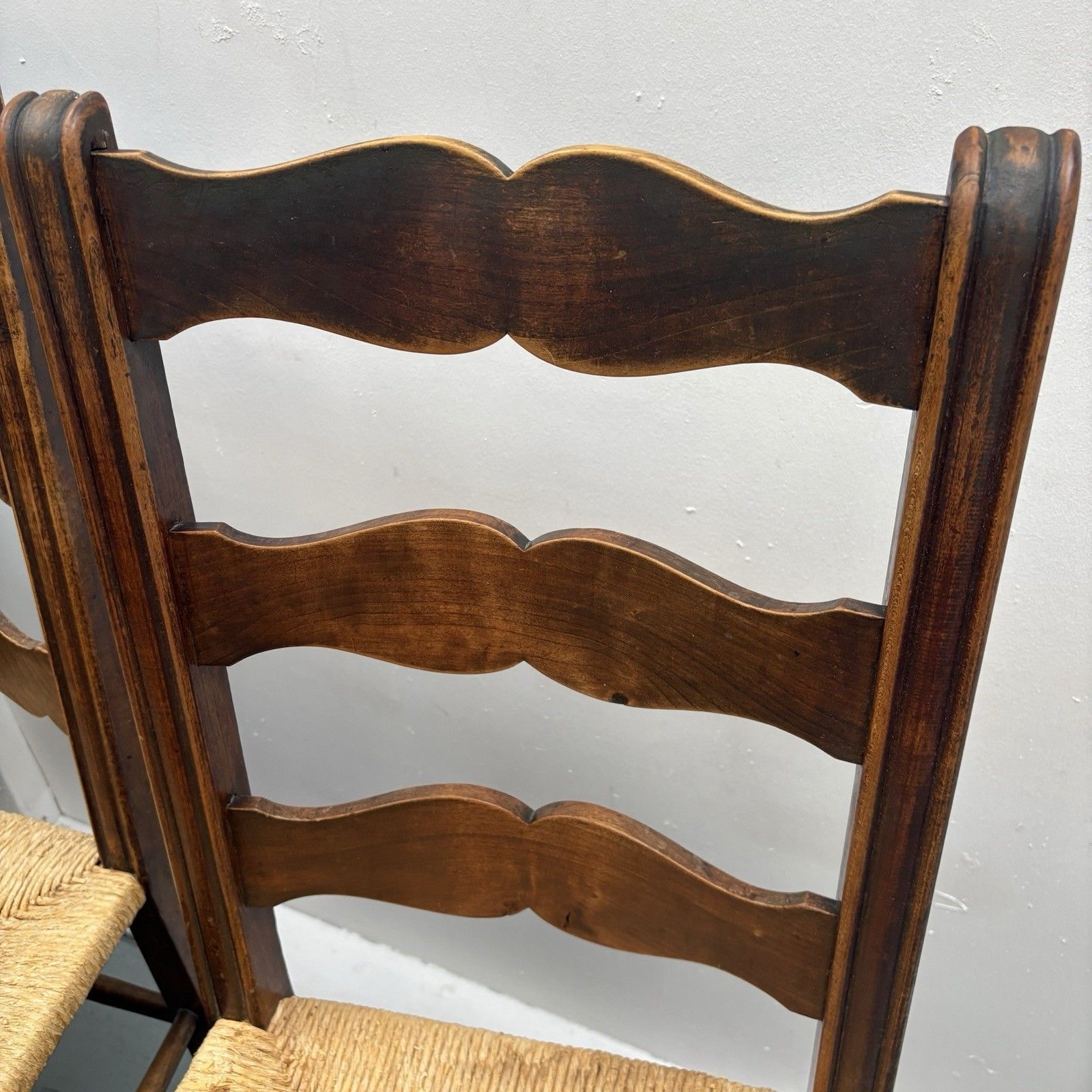 Four French Country Provincial Ladder Back Rush Seat Farmhouse Dining Chairs photo for sale