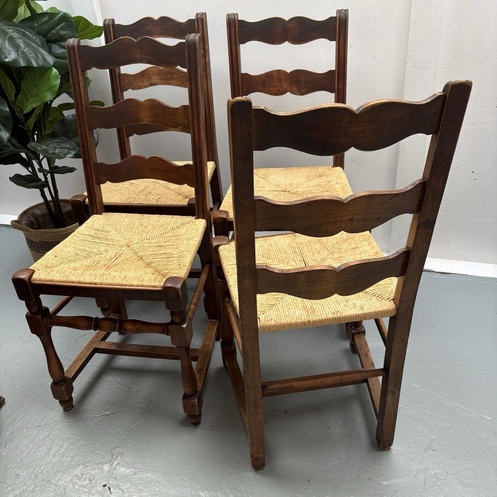 Furniture Four French Country Provincial Ladder Back Rush Seat Farmhouse Dining Chairs photo