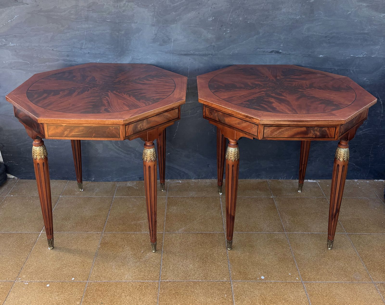 Pair Of French Louis XVI Style Marquetry Side Tables, Mid 20th Century photo for sale