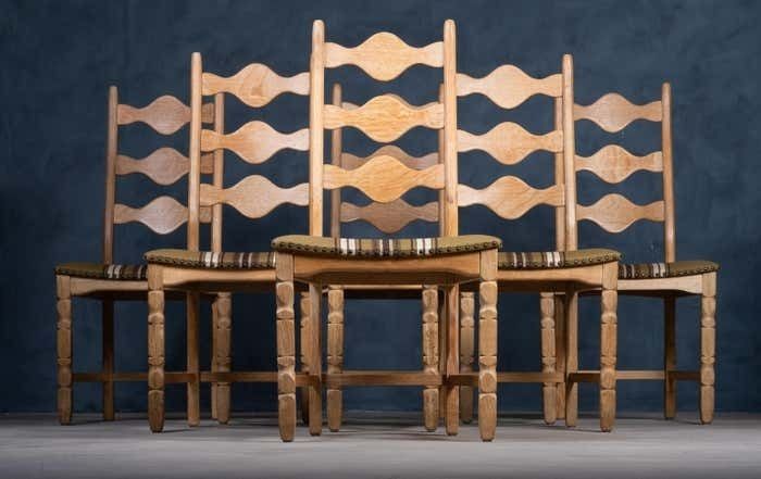 Set Of 6 Brutalist Oak Dining Chairs By Henning Kjærnulf 1960s photo for sale