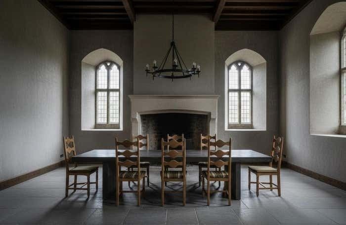 photo for sale Set Of 6 Brutalist Oak Dining Chairs By Henning Kjærnulf 1960s