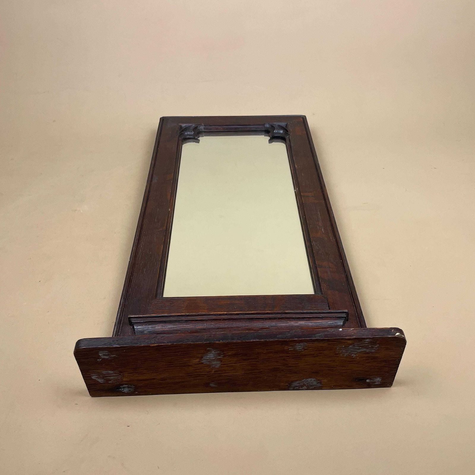 Mid Century Wall Mirror Hallway Cloakroom Mirror Carved Wooden Frame Shelf Victorian Style Dark Stained Sold Wood Accent Decor photo for sale