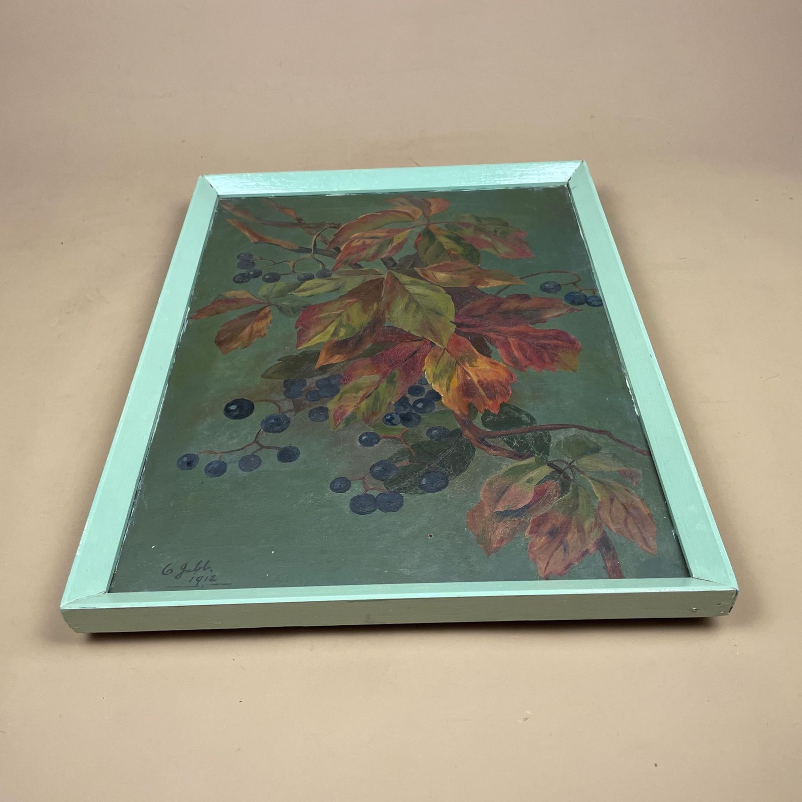 Antique Oil Painting 1912 Signed Gull Leaves Berries Framed Original Autumn Botanical Picture Still Life Art Original Artwork Portrait photo furniture
