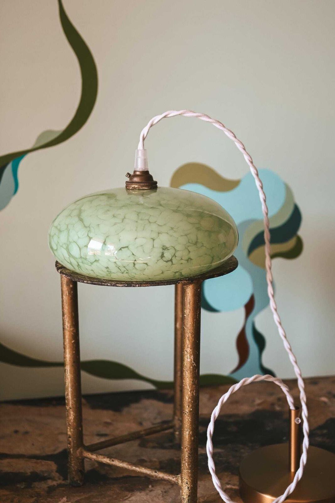 Pair Of 1950s Clichy Glass Pendant Lights   Aqua Green Marbled Glass photo buy