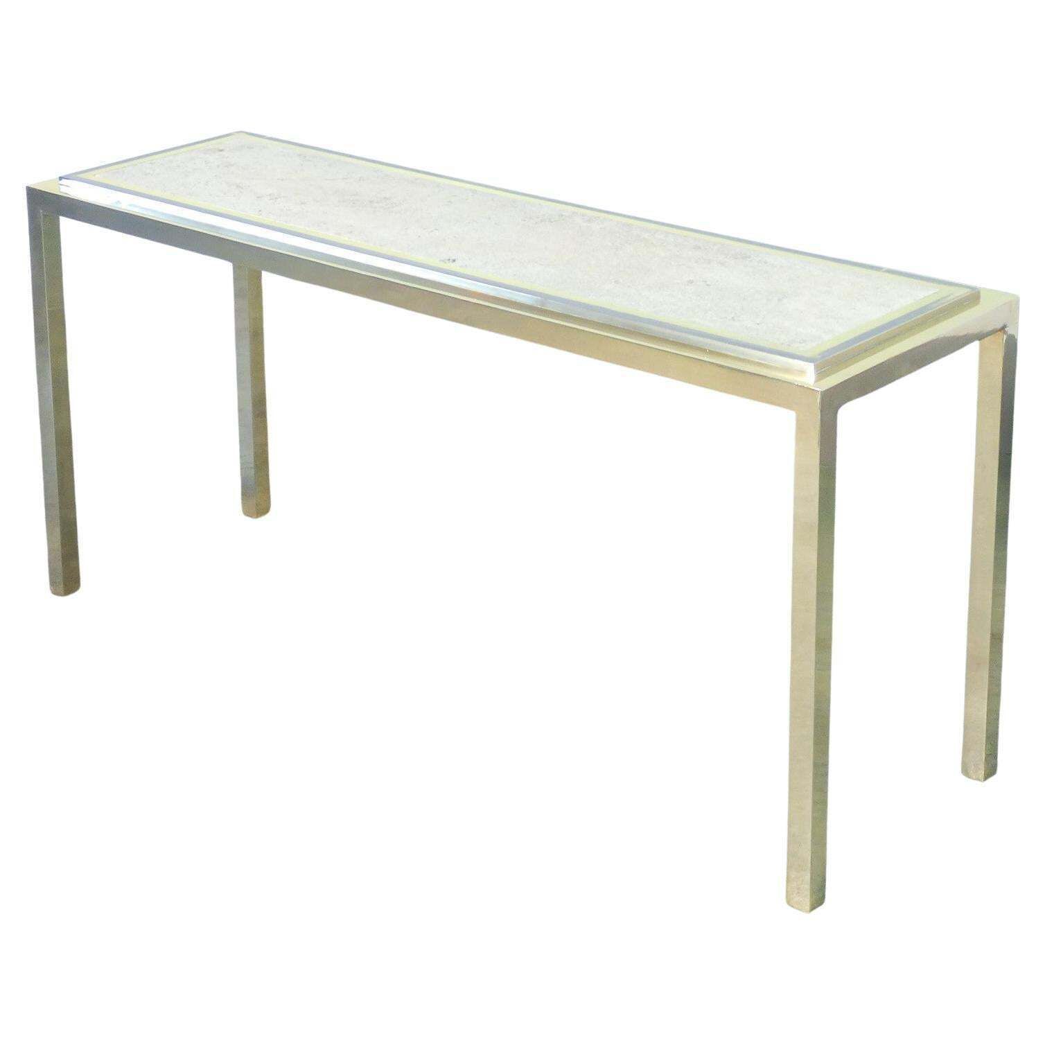 Italian Design Console Table, Made Of Chrome Plated Metal With Travertine Top. 1970s