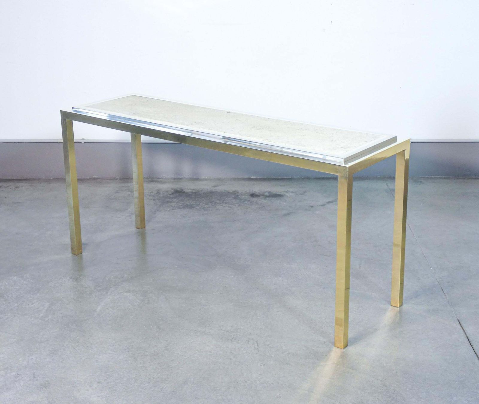 photo furniture Italian Design Console Table, Made Of Chrome Plated Metal With Travertine Top. 1970s