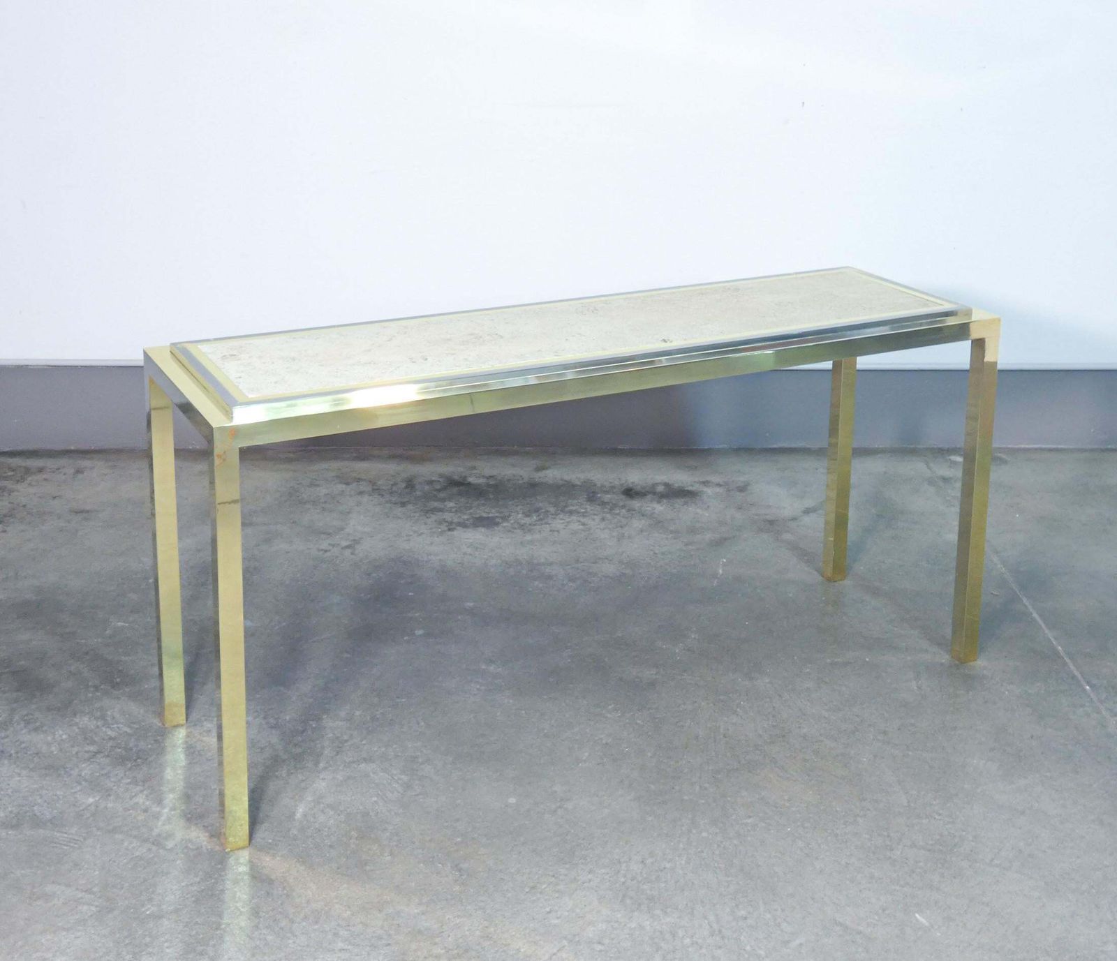 photo buy Italian Design Console Table, Made Of Chrome Plated Metal With Travertine Top. 1970s