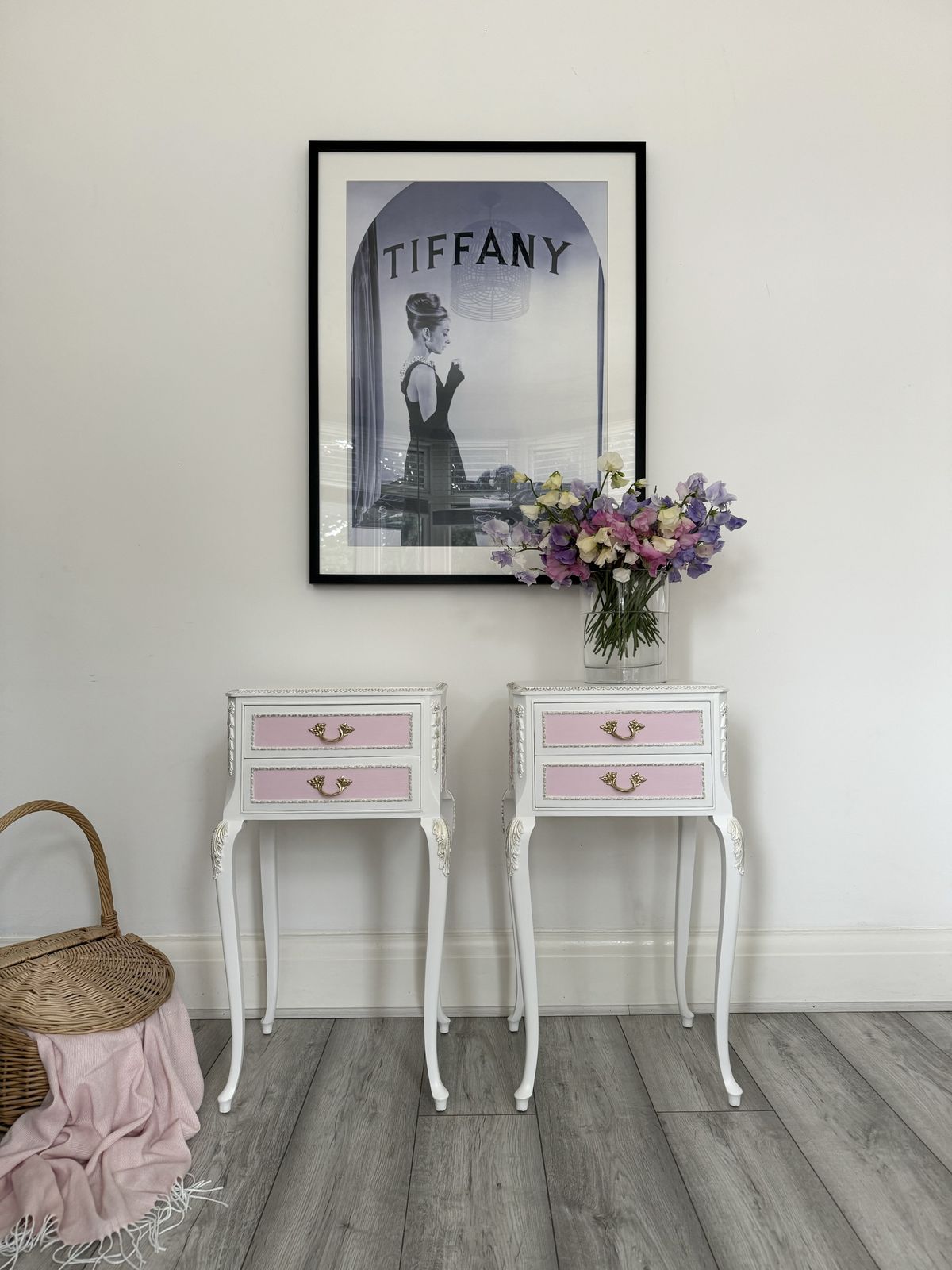 Olympus Bedside Tables, French Style, Side Tables , White And Pink , Hand Painted .