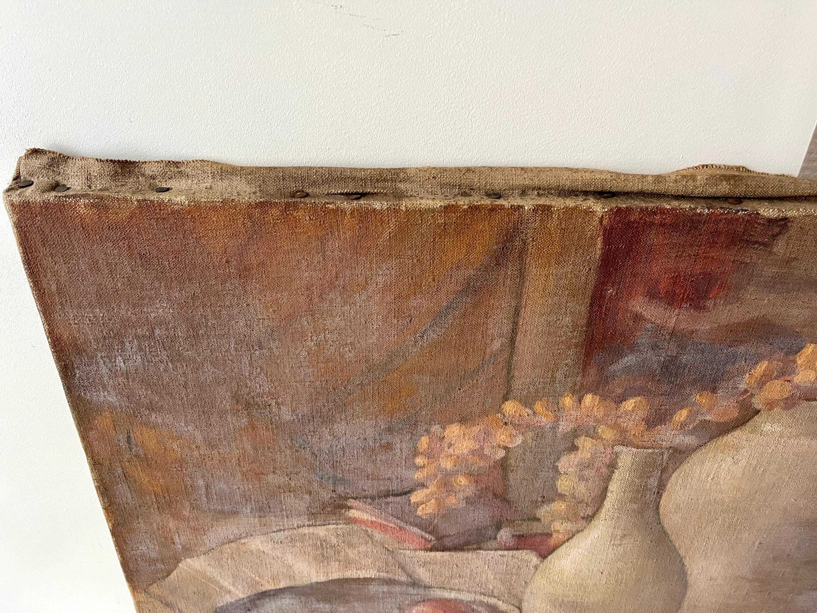 Olieverf Op Doek Uit De Jaren 1940 – "Oranges And Pottery" – Frans Antiek Schilderij, Stilleven Met Fruit En Bloemen photo vintage