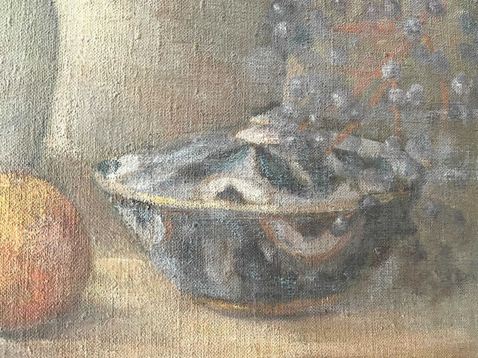 photo furniture Olieverf Op Doek Uit De Jaren 1940 – "Oranges And Pottery" – Frans Antiek Schilderij, Stilleven Met Fruit En Bloemen