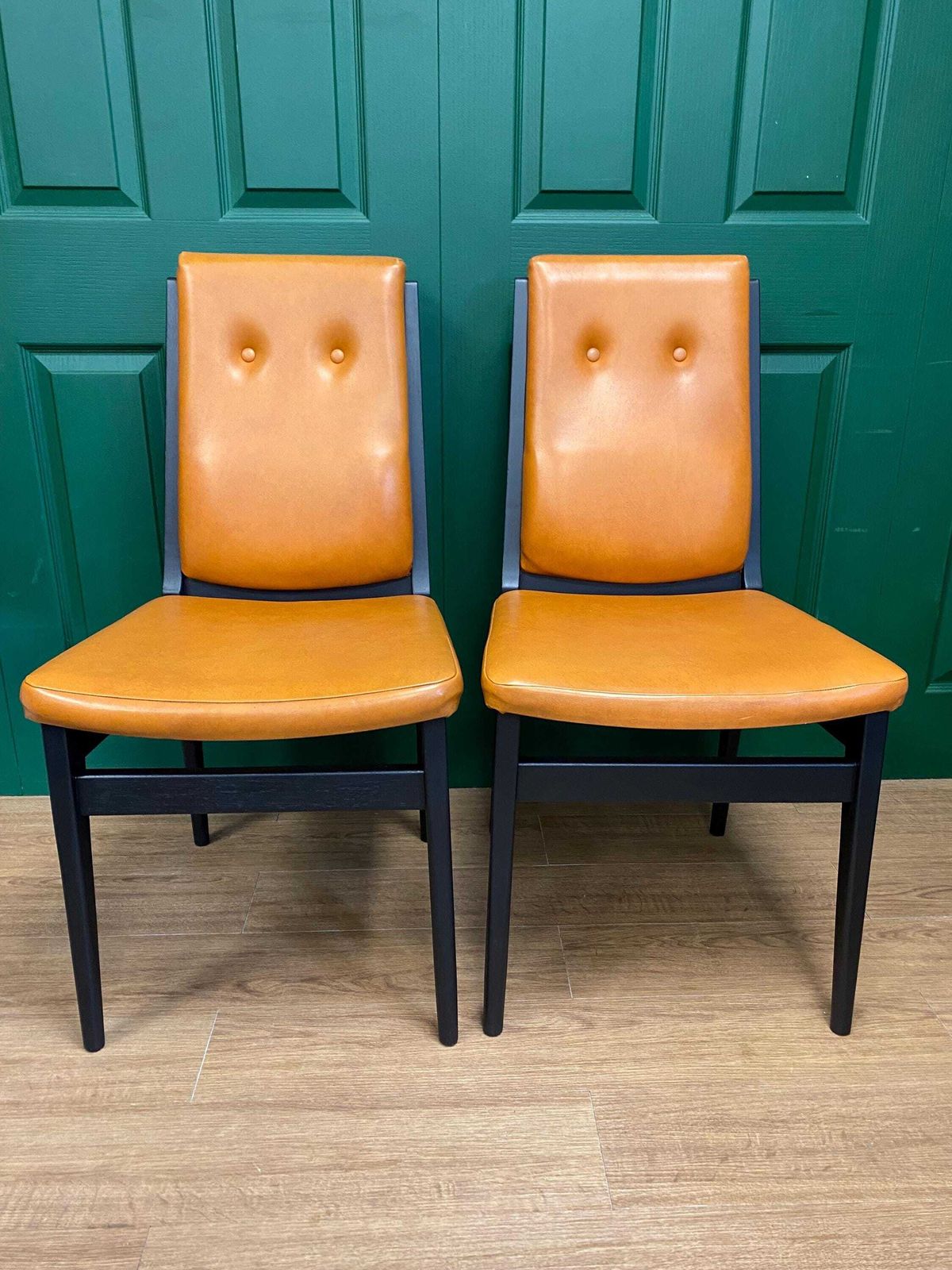 Set Of Four Vintage Mid Century 1970s Black And Orange Vinyl High Button Back Dining Chairs photo for sale